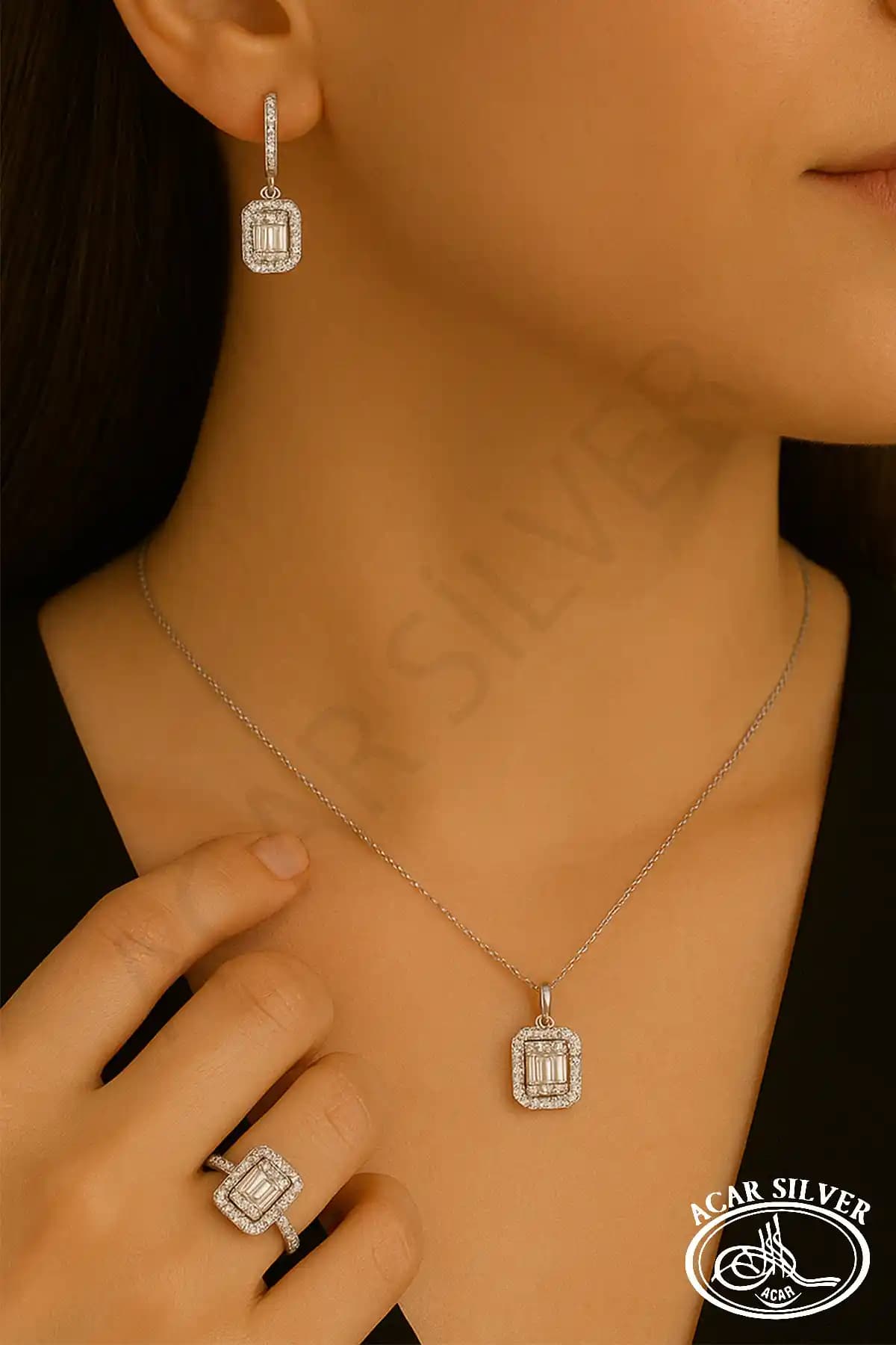 ACAR SİLVER 3'lü Baget Taşlı Kadın Takı Seti Zarif ve Modern Tasarım