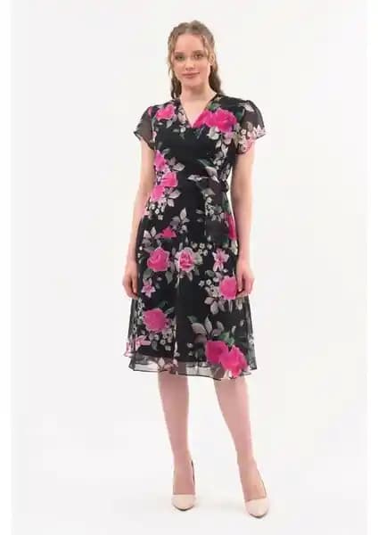 Apsen Kadın Fuşya Bağlama Detaylı Kruvaze Yaka Midi Şifon Elbise