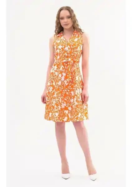 Apsen Kadın Turuncu Düğme Detaylı V Yaka Cotton Elbise Günlük ve Özel Kullanım İçin