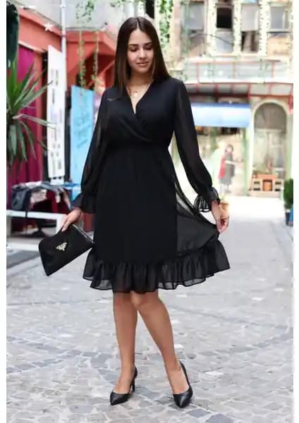 Avver Kadın Siyah Kruvaze Şifon Elbise Günlük ve Şık Kullanım İçin Uygun