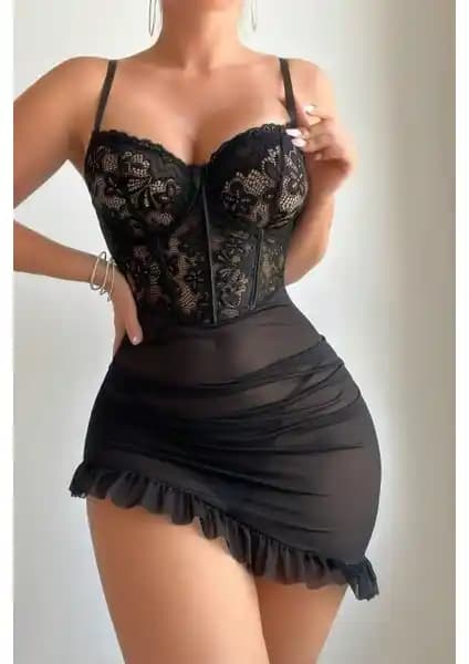 Bella Notte Siyah Fırfırlı Tanga ve Gecelik Seti Kadınlar İçin Şık ve Konforlu Tasarım