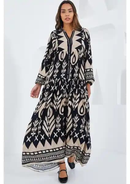 Bigdart Kadın Siyah Ekru Viskon Tesettür Elbise 2423 Günlük ve Şık Kullanım İçin Uygun