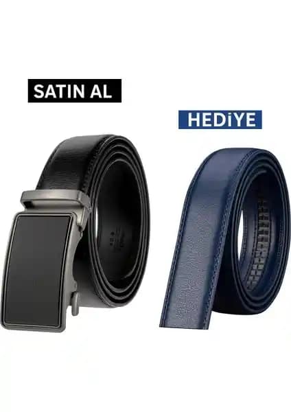 Bosskan Otomatik Tokalı Deliksiz Siyah Erkek Kemeri ve Yedek Lacivert Kemer Hediye