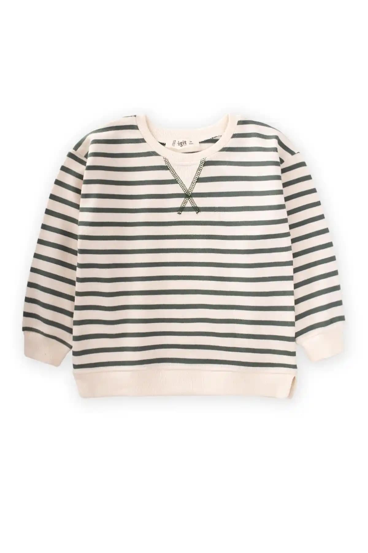 Çocuklar İçin Şık ve Konforlu Çizgili Triko Kazak 2-10 Yaş Haki Yeşil