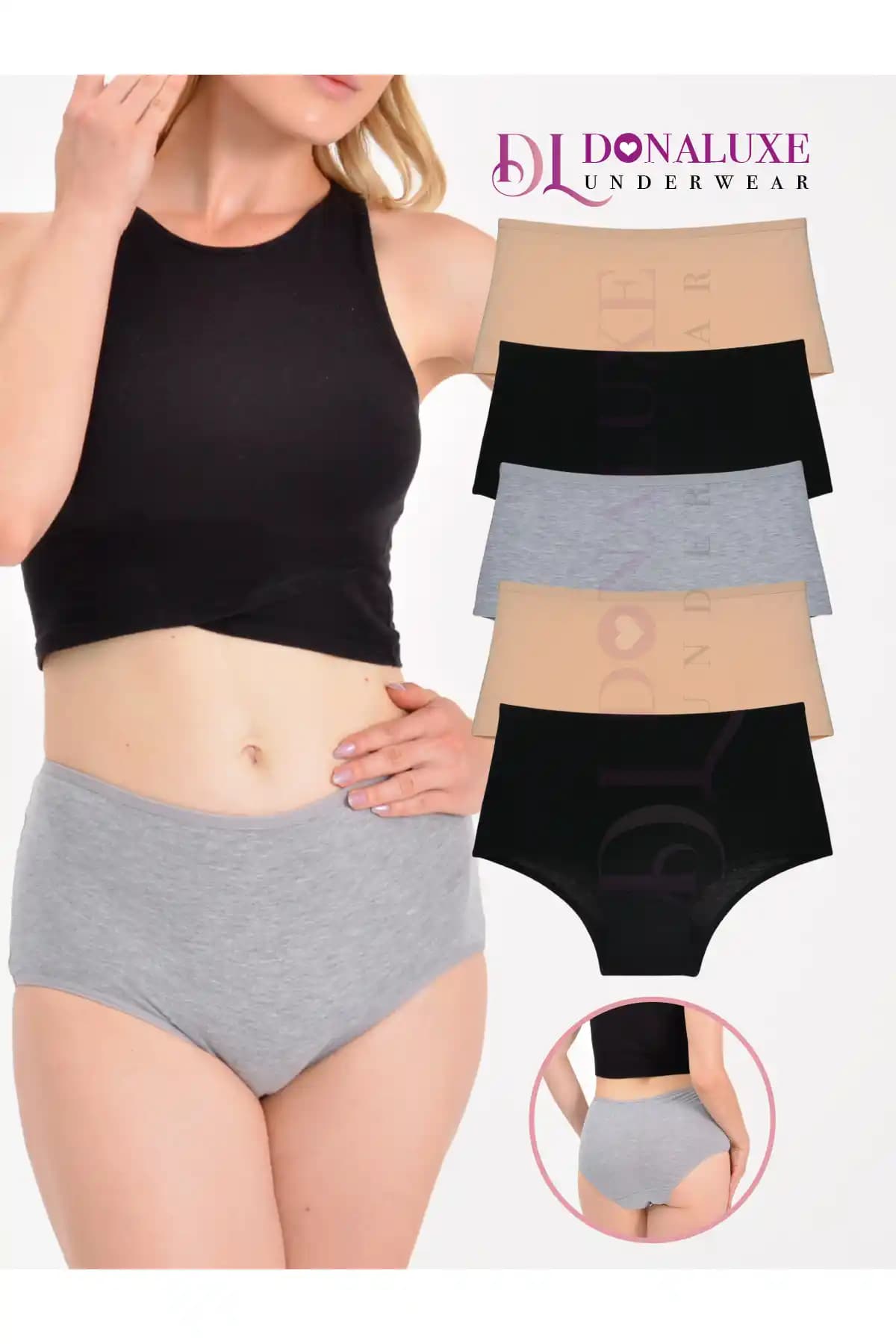 Donaluxe Kadın Yüksek Bel Pamuklu Siyah Gri Külotlar 5'li Paket Günlük Rahatlık