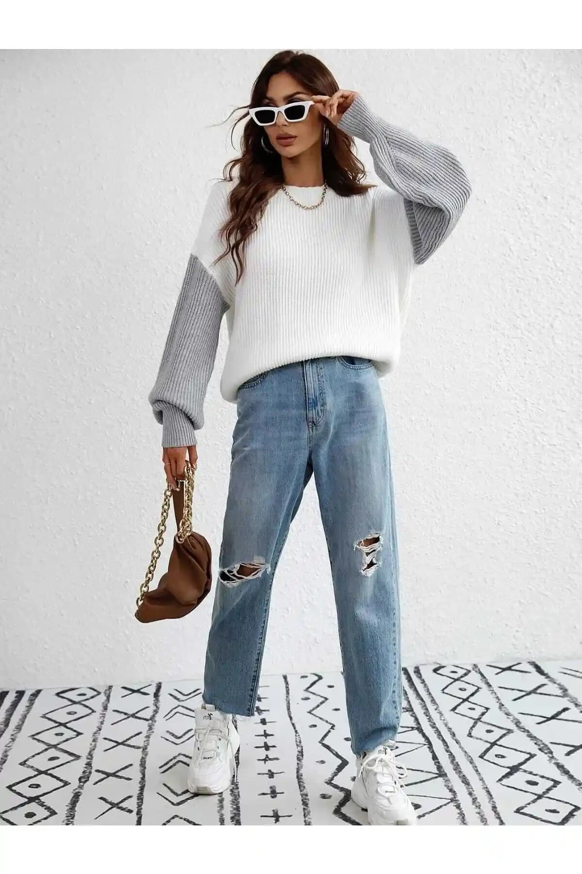 Genel Markalar Kolu Renkli Selanik Örgü Oversize Beyaz Kazak Kadın Giyim İçin Uygun