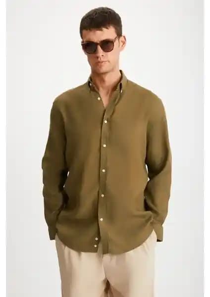 Grimelange Brice Erkek Haki Keten Kumaşlı Dökümlü Gömlek Günlük ve Şık Kullanım İçin
