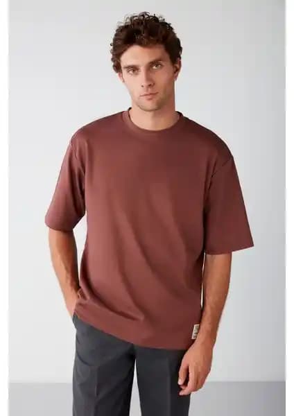 Grimelange Joel Erkek Oversize Bordo T-shirt %100 Organik Pamuklu Kalın Kumaş