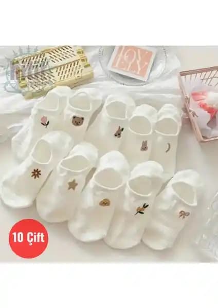 Hitit Socks Kadın 10 Çift Premium Desenli Görünmez Babet Çorap Şeker Beyazı