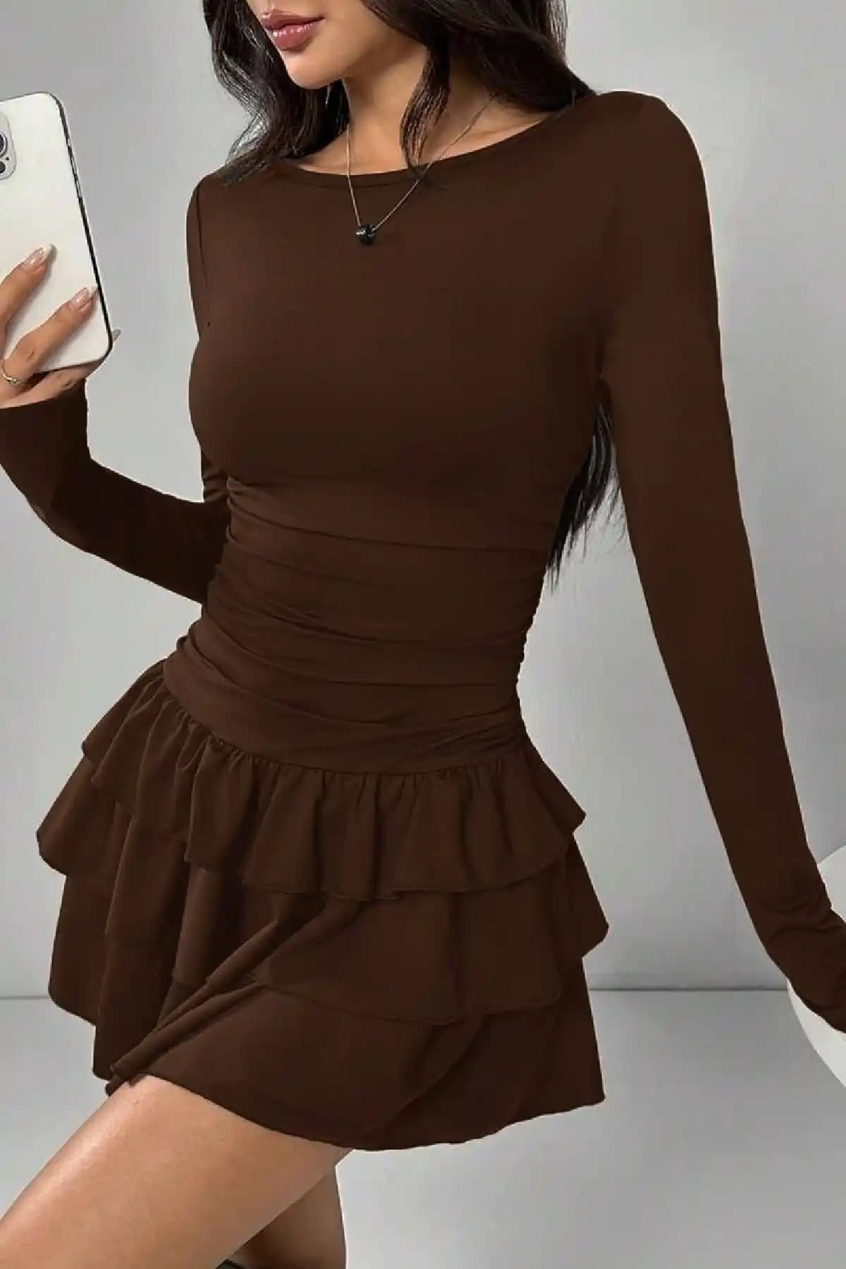 JE-TU Kat Kat Volanlı Mini Elbise JT9060 Şık ve Çok Yönlü Yazlık Kadın Elbisesi