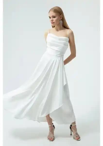 Lafaba Kadın Beyaz Volanlı Yırtmaçlı Saten Midi Abiye ve Mezuniyet Elbisesi