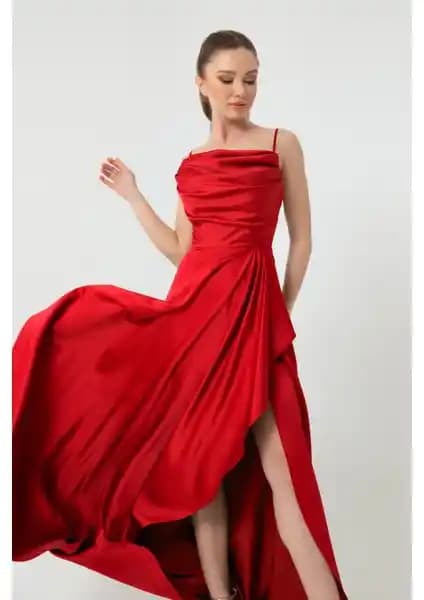 Lafaba Kadın Kırmızı Saten Abiye ve Mezuniyet Elbisesi Modern ve Şık Tasarım