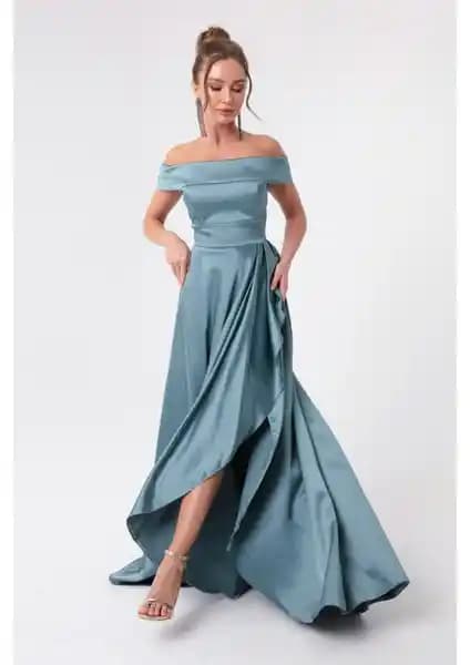 Lafaba Kadın Mint Yeşili Kayık Yaka Saten Abiye ve Mezuniyet Elbisesi Detayları