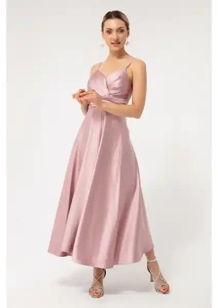 Lafaba Kadın Pudra Renkli Saten Midi Abiye ve Mezuniyet Elbisesi