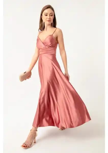 Lafaba Kadın Somon İp Askılı Bel Kemerli Saten Midi Abiye ve Mezuniyet Elbisesi