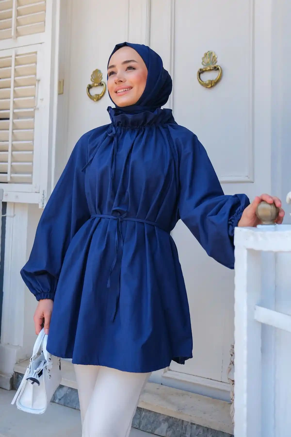 LOCCO Kadın Yaka Büzgülü Bel Bağlamalı Lacivert Tunik Günlük ve Casual Kullanım İçin