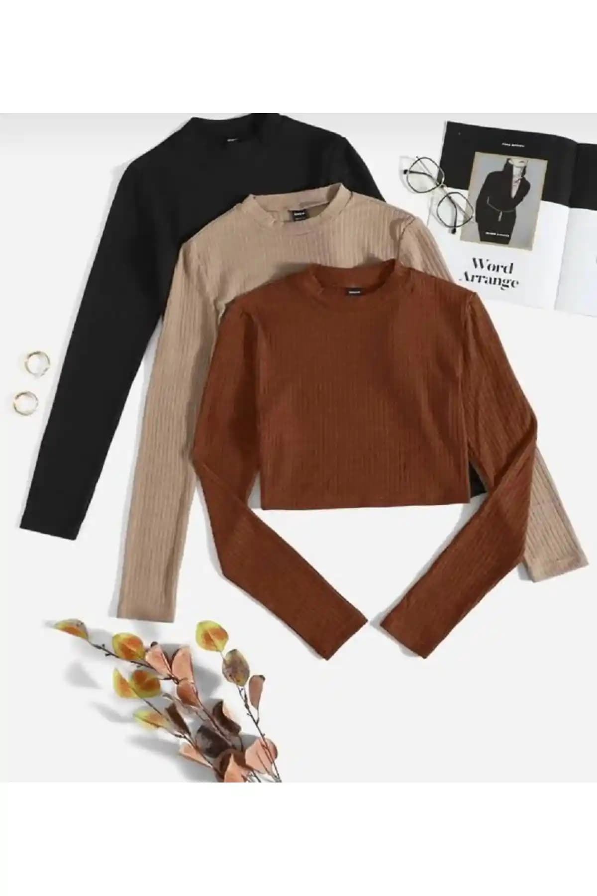 Lorya Giyim 3'lü Pamuklu Crop Bluz Paketi Günlük ve Şık Kombinler İçin Uygun