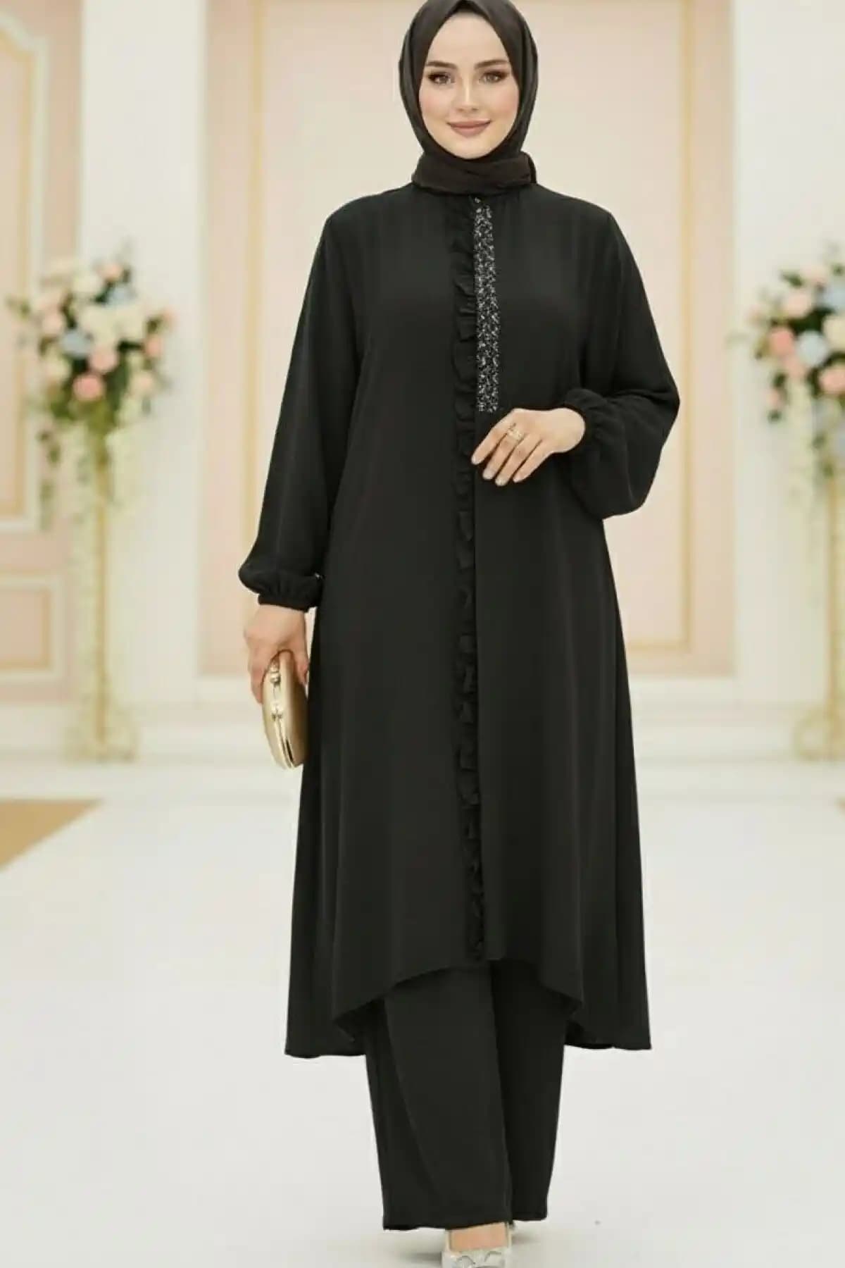 Mercan FIRFIR TAKIM Siyah Fırfır Detaylı Tesettür Takımı Günlük Şıklık İçin Uygun