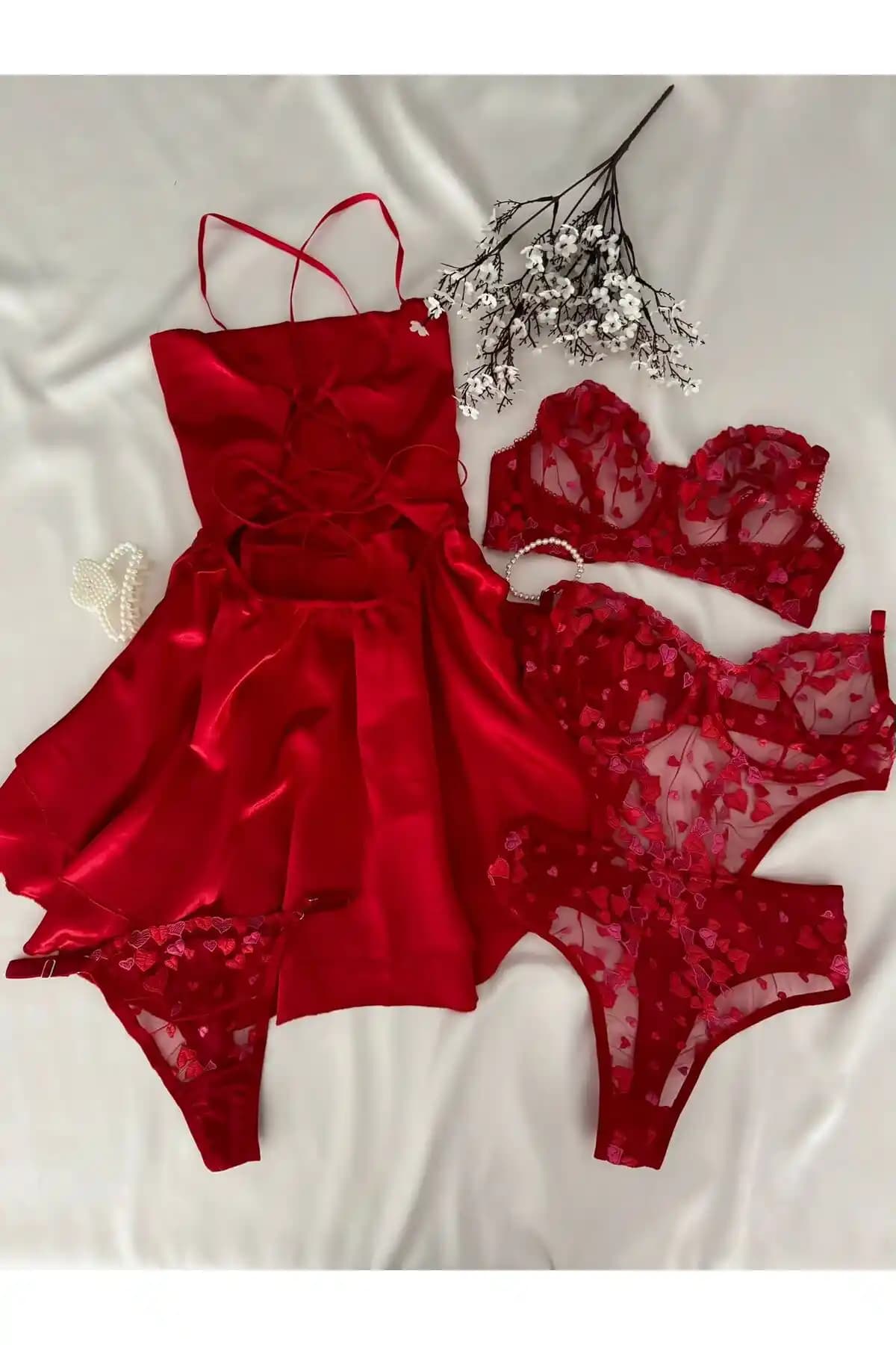 MH Moony Homewears Betül Saten Gecelik Tulum ve İç Giyim Seti Çeyiz ve Günlük Kullanım İçin