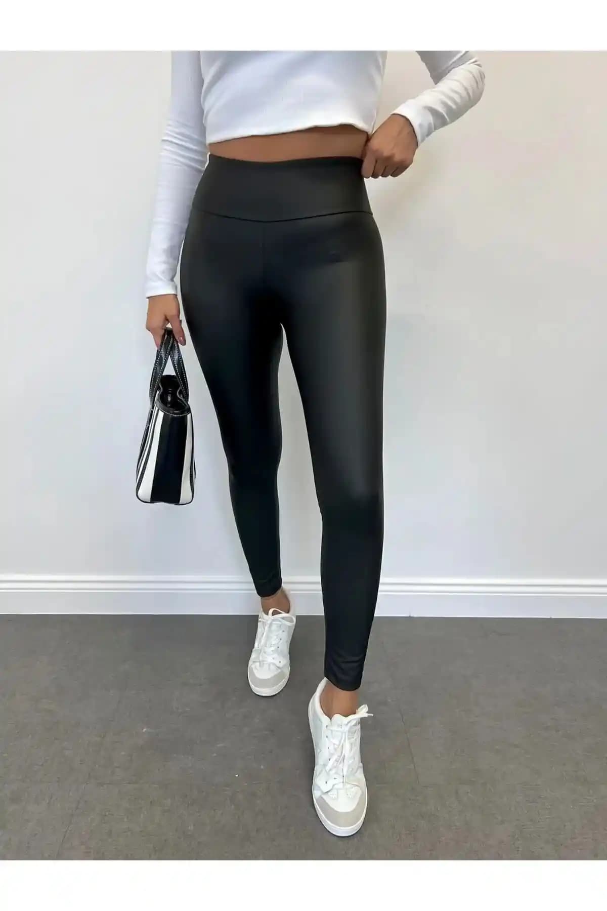 MissKATRE Siyah Yüksek Bel Polar Detaylı Deri Tayt Günlük ve Kış Kullanımı İçin