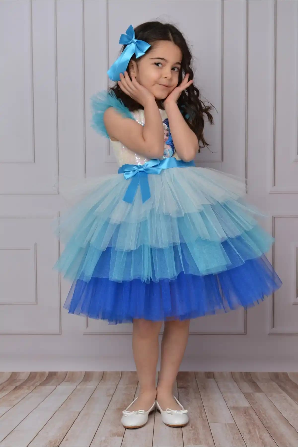 Mixie Elsa Renkli ve Şık Tüllü Abiye Elbise Çocuklar İçin Doğum Günü ve Özel Günler