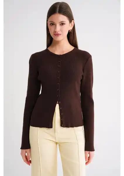 Mixray 6931 Kadın Düğmeli Fitilli Triko Hırka Kahve Günlük Şıklık ve Konfor Sunar