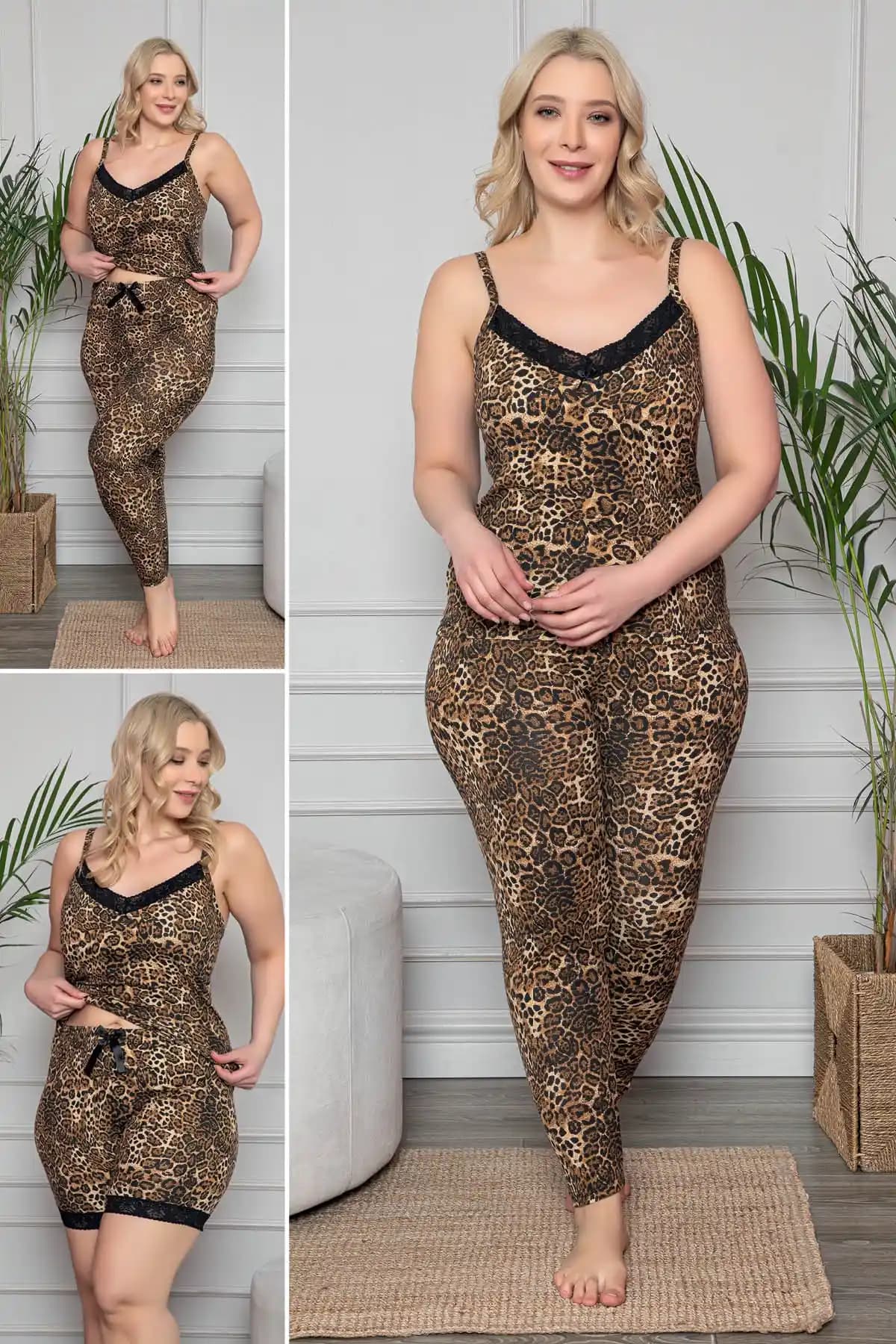 MyBen Büyük Beden Leopar Desenli Dantel Detaylı Pijama Takımı Şıklık ve Konfor Bir Arada