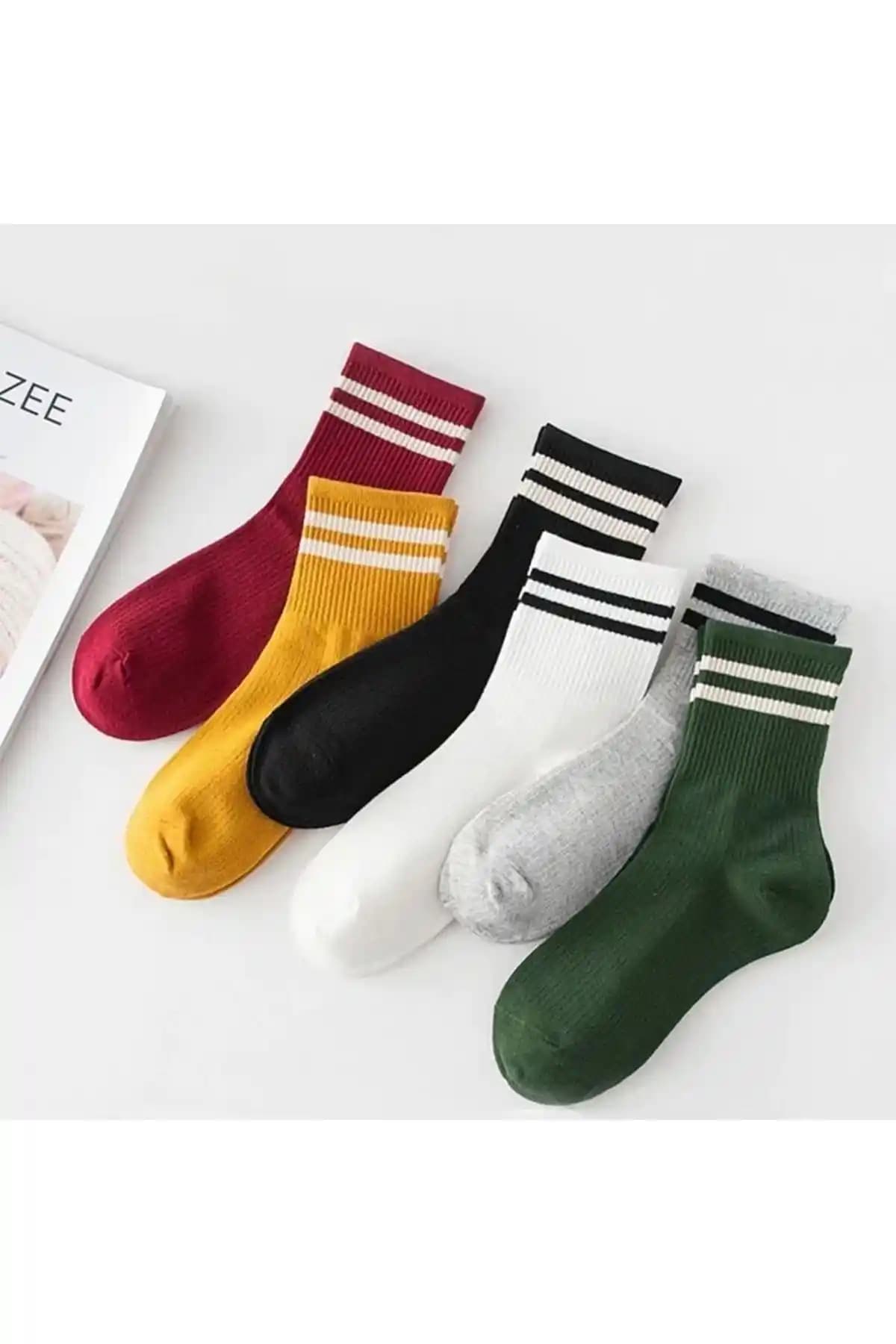 myDea Unisex 6'lı Renkli Çizgili Kolej Spor Çorabı Şık ve Rahat Günlük Kullanım İçin