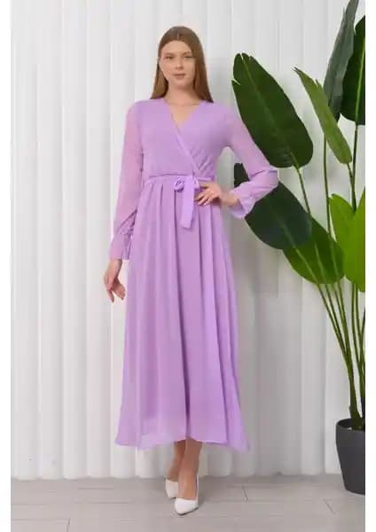 Neşeli Butik Kadın Uzun Şifon Elbise KTS003 Lila Zarif ve Şık Tasarım