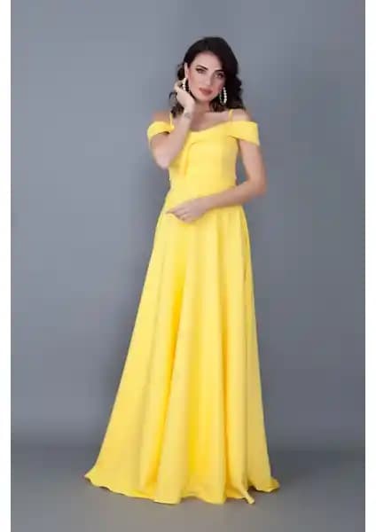 No48 Kayık Yaka Düşük Omuz Detaylı Maxi Sarı Abiye Elbise - Modern ve Şık Tasarım