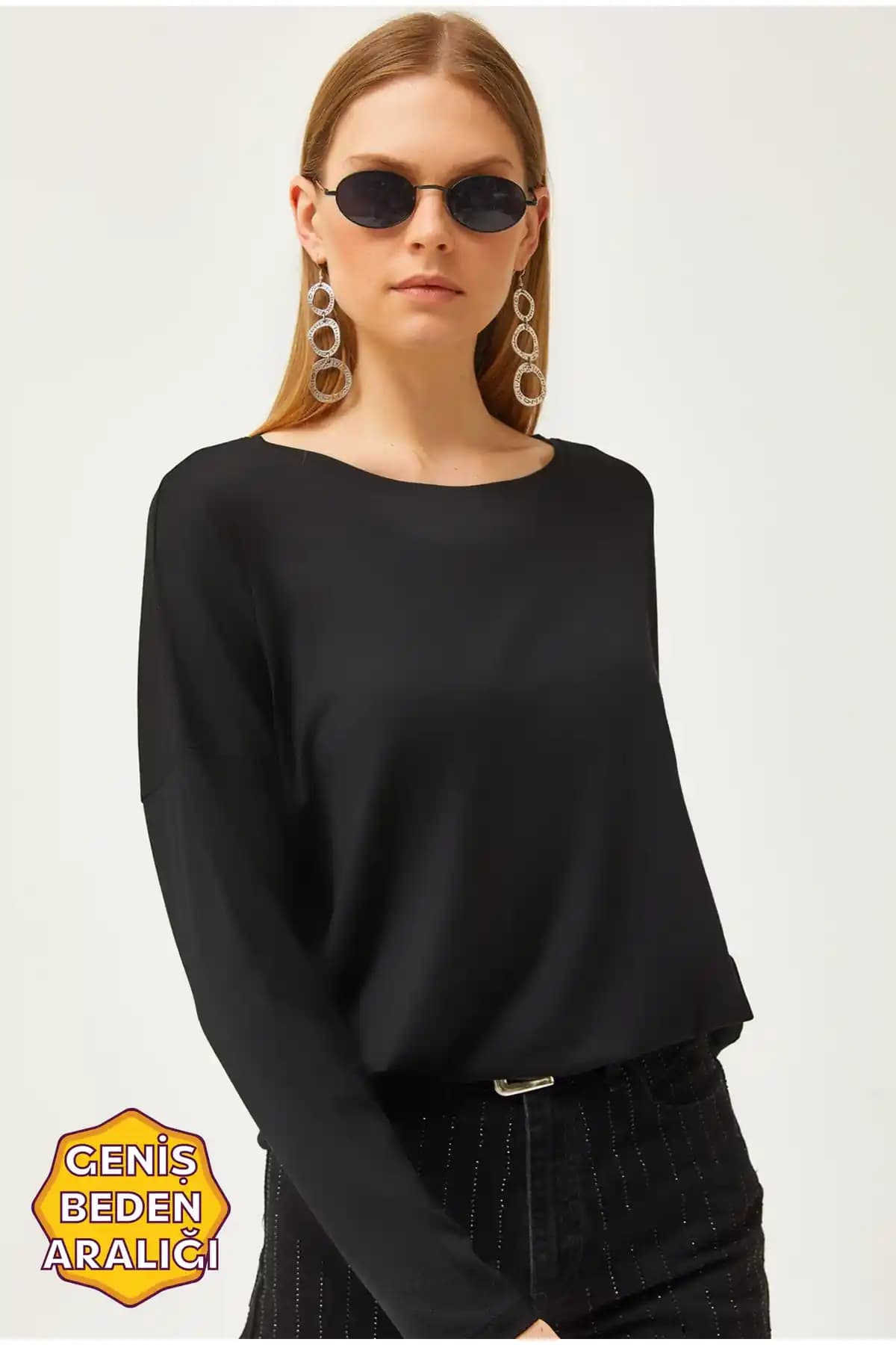 Olalook Kadın Siyah Viskon Yarasa Yaka Dökümlü Bluz Günlük ve Ofis Şıklığı İçin