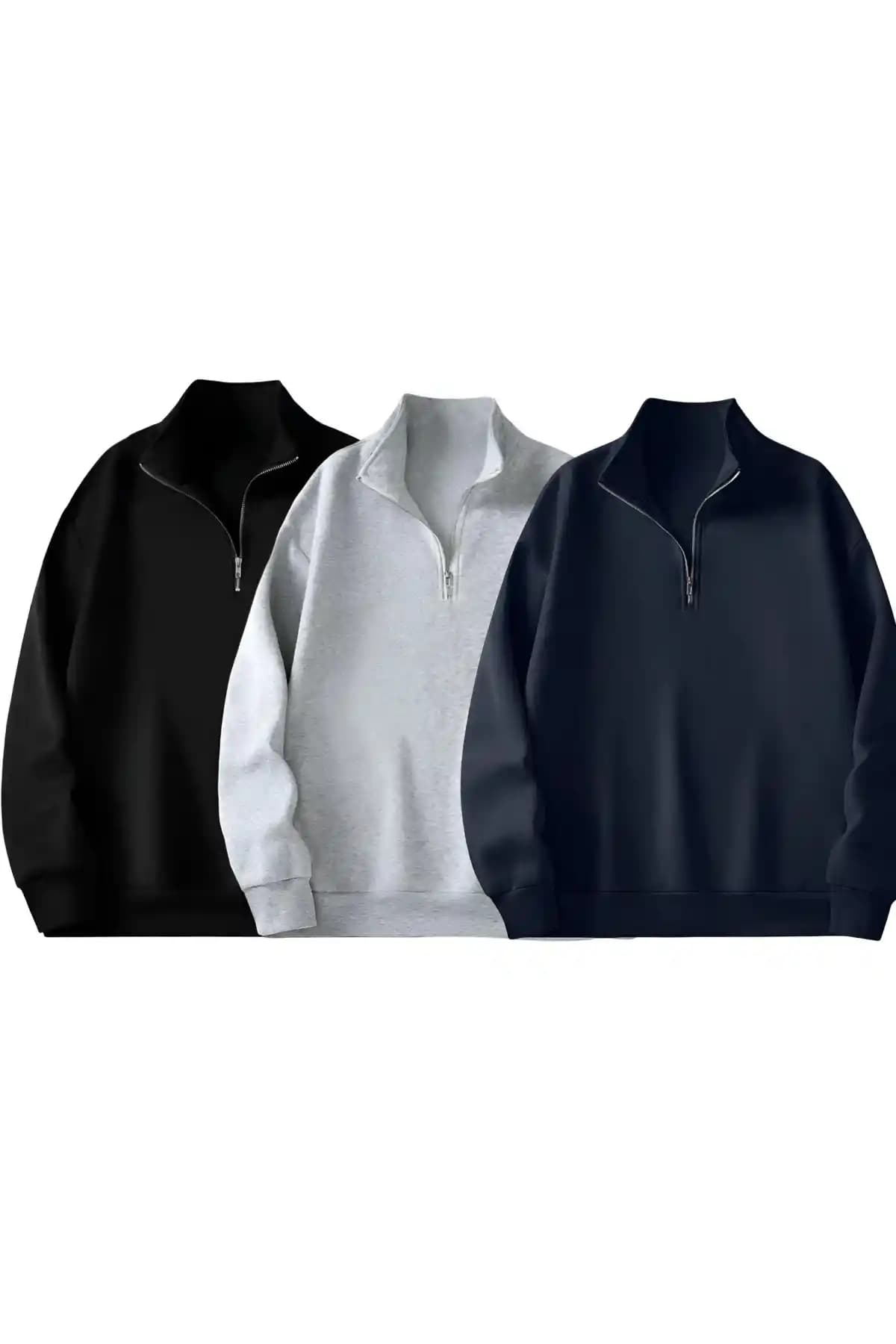 Trendgar 3'lü Dik Yaka Fermuarlı Oversize Unisex Sweatshirt ile Günlük Şıklık ve Konfor