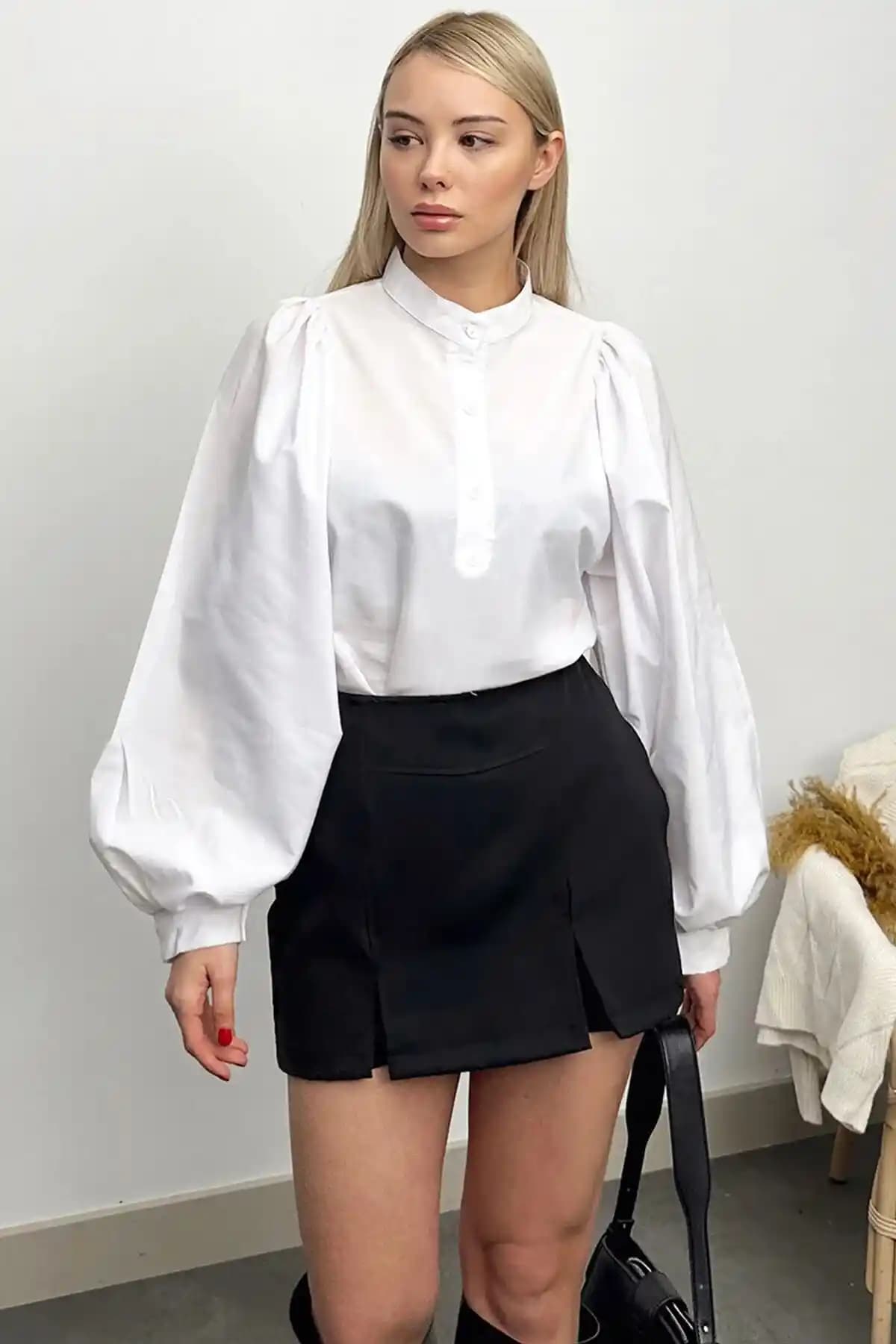 VAGGON Kadın Beyaz Hakim Yaka Düğmeli Balon Kol Poplin Gömlek Günlük Şıklık İçin