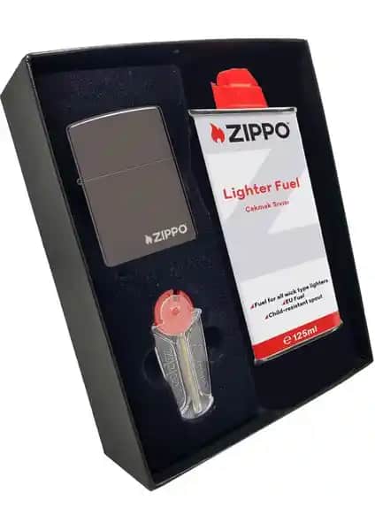 Zippo Parlak Black Ice Çakmak Seti Benzin ve Taş İçeriğiyle Uzun Ömürlü Kullanım