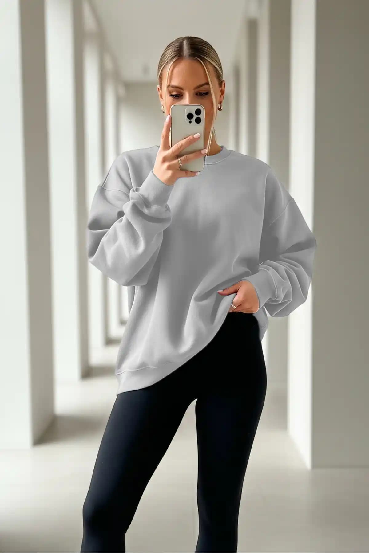 COMBİNE MİCHAİL Kadın Oversize Kışlık Gri Sweatshirt Modern ve Rahat Tasarım