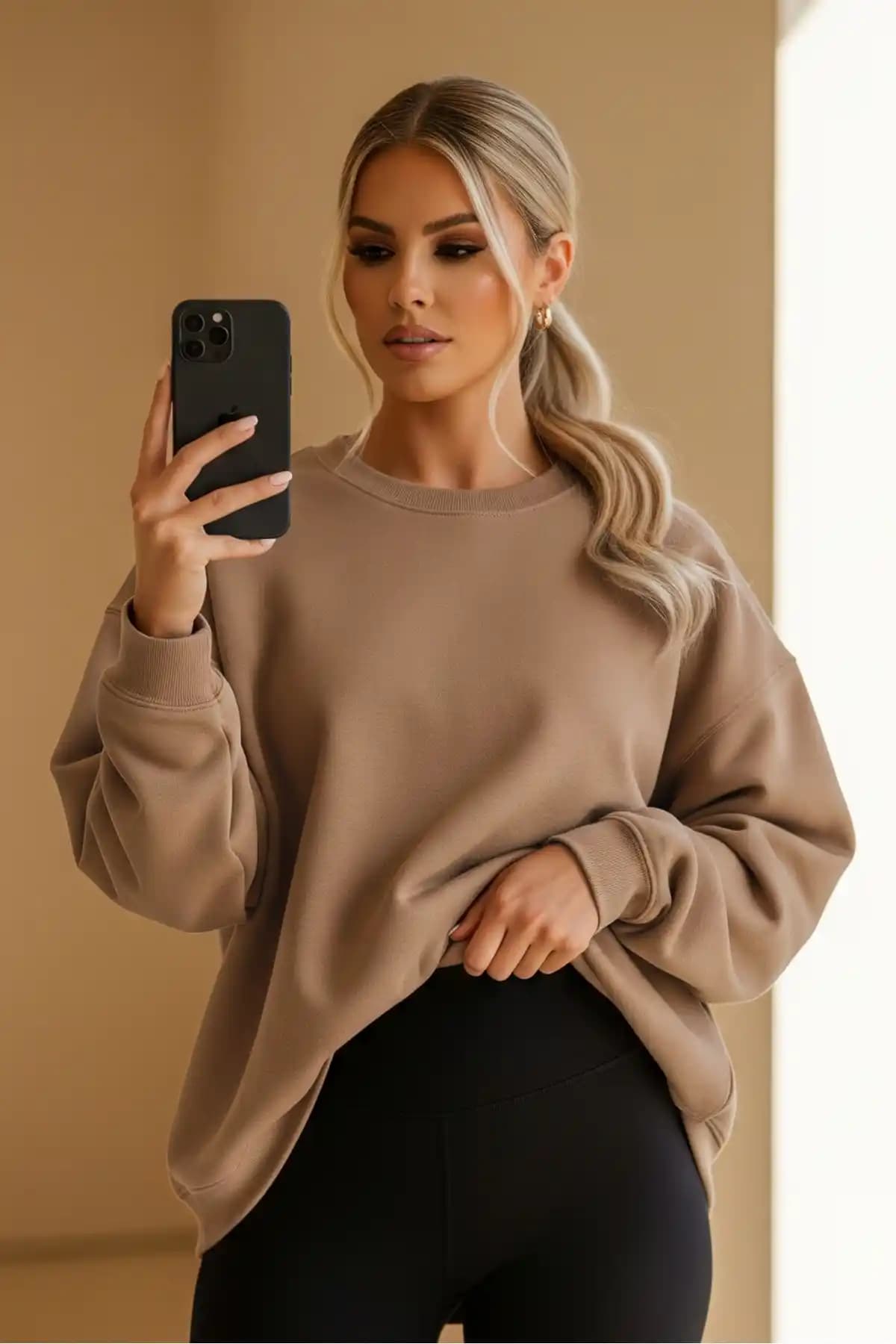 MAXIMILLIAN Kadın Oversize Kışlık Sweatshirt Siyah ve Vizon Renk Seçenekleriyle