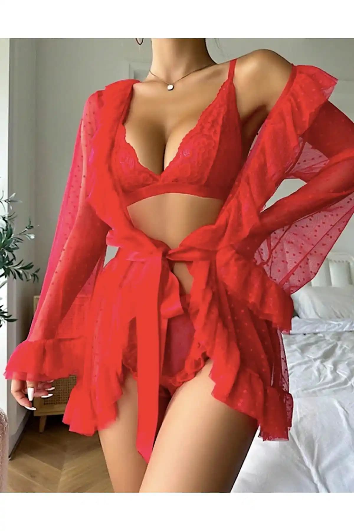 My Cherie Puantiye Fırfırlı Dantel Kimono Külot Sütyen Takım Seksi Gecelik Ürün Tanıtımı ve Özellikleri