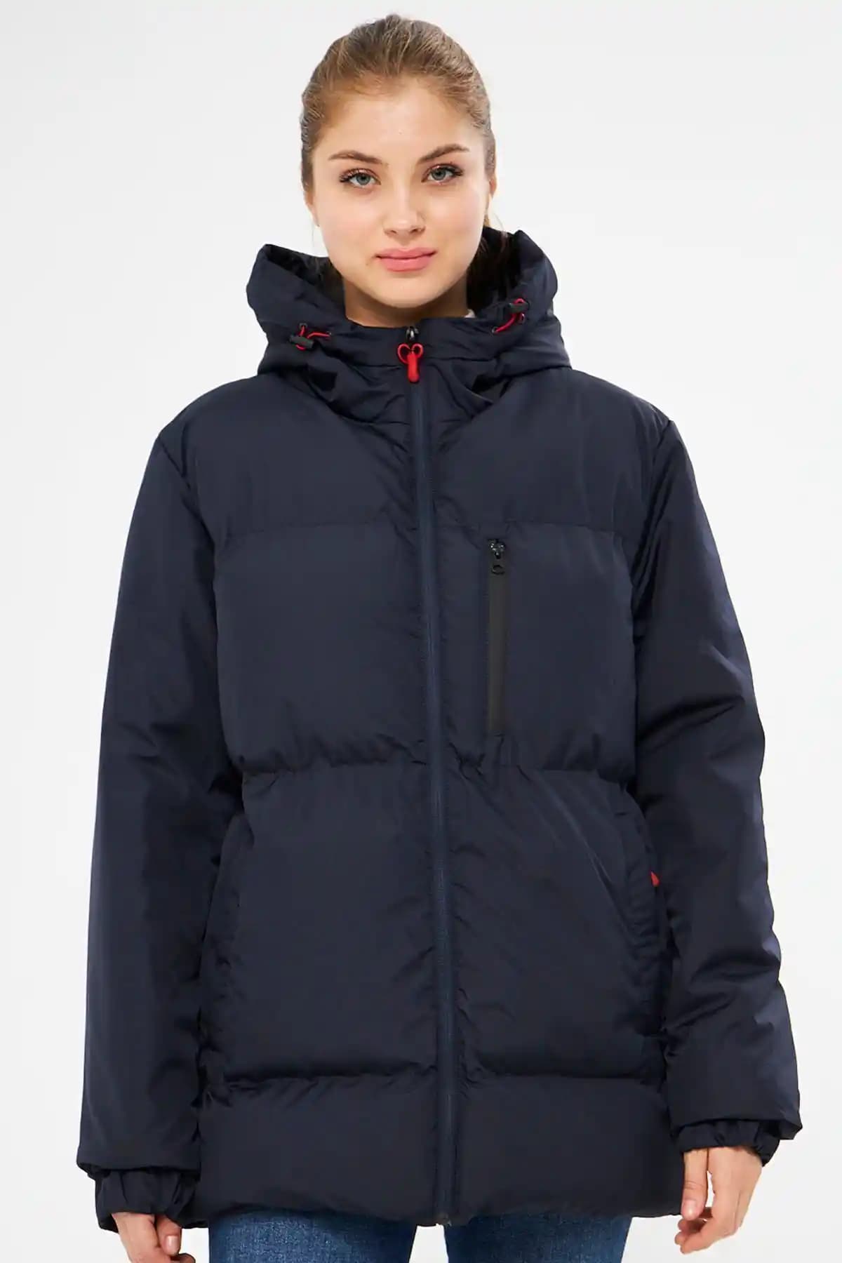 RİVERCLUP Kadın Lacivert Elyaflı Rüzgar Geçirmez Kapüşonlu Şişme Spor Kışlık Mont