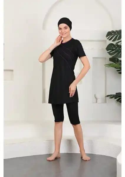 Aslınur Giyim Deniz Mayo: Likralı, Çabuk Kuruyan ve Şeritli Yarı Kapalı Tesettür Mayo Siyah