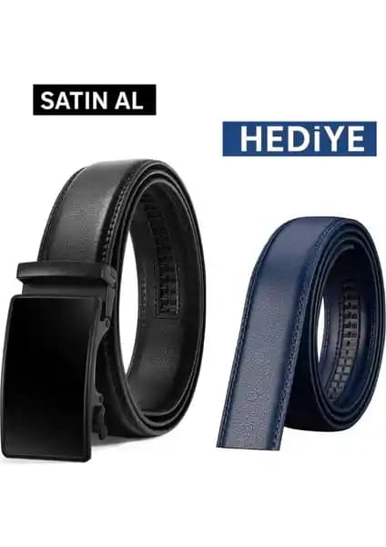 Bosskan Otomatik Tokalı Deliksiz Siyah Kemer ve Hediye Lacivert Kemer Seti