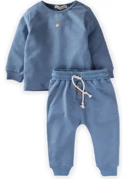 Cigit Palamut Nakışlı Indigo Mavi Sweat Takım: Doğal Pamuklu, Şık ve Rahat Tasarım