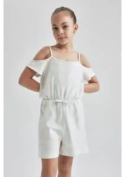 DeFacto Kız Çocuk Regular Fit Batik Desenli Pamuklu Askılı Yazlık Kısa Tulum