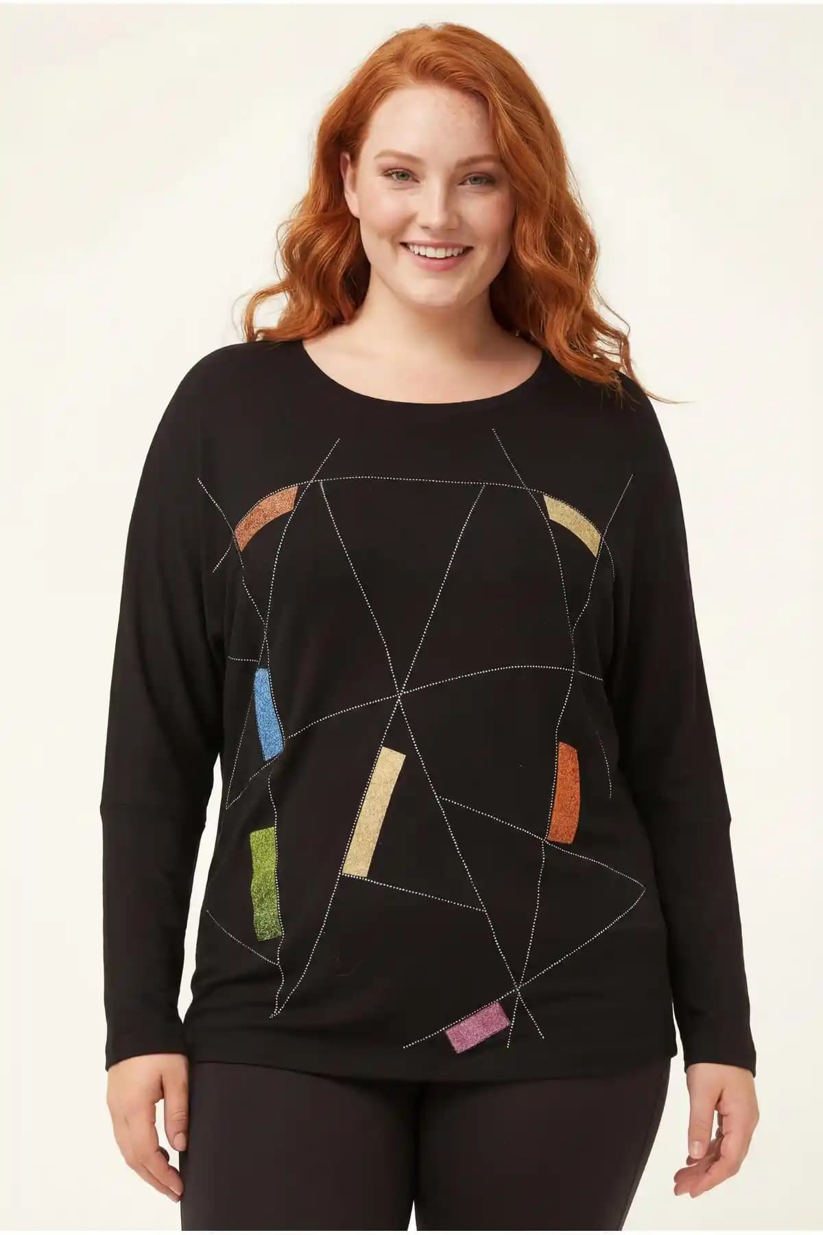 Ebsumu Kadın Büyük Beden Renkli Taş Baskılı Siyah Bluz - Şık ve Rahat Tasarım