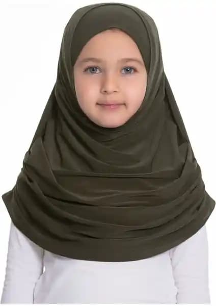 Hürrem Bone Haki Pratik Hazır Geçmeli Çocuk Tesettür Bone Sandy Kumaş Kendinden Boneli Model