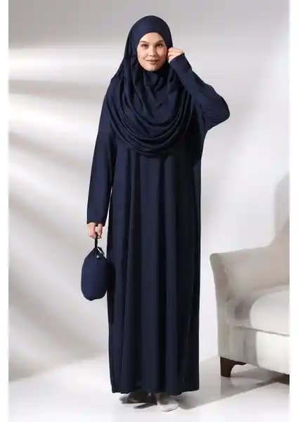 İhvan Lacivert Kadın Çantalı Başörtülü Tek Parça Namaz Elbisesi Özellikleri