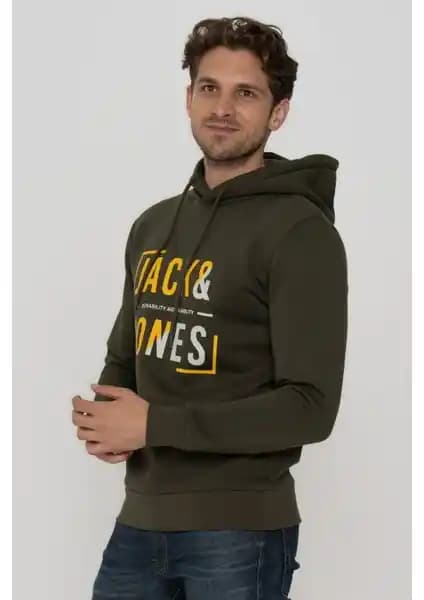 Jack & Jones Erkek Göğüs Logo Baskılı Kapüşonlu Sweatshirt - Rahat ve Dayanıklı Tasarım