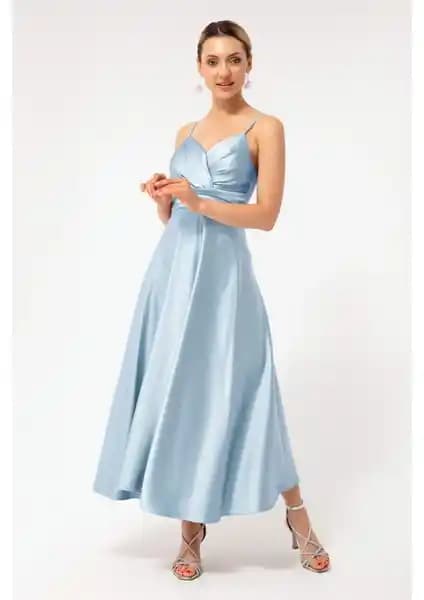 Lafaba Kadın Mavi İp Askılı Bel Kemerli Saten Midi Abiye ve Mezuniyet Elbisesi