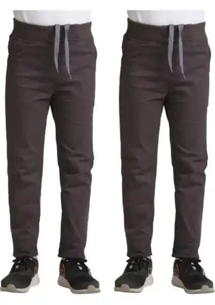 Mavimoure Unisex Çocuk Rahat Kalıp Ribana Bel Canvas Keten Okul Pantolonu Seti 2 Adet