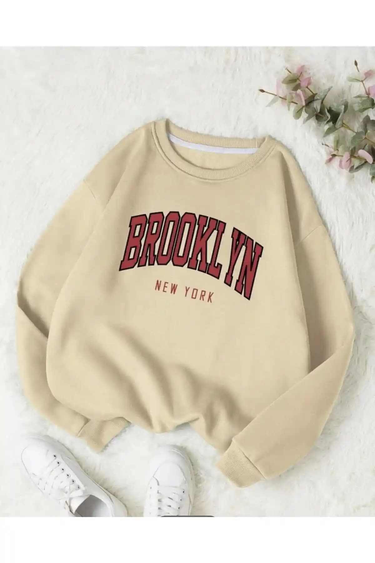 MOONBULL Ünisex Bej Bronklyn Baskılı Oversize Sweatshirt Rahat ve Şık Tasarım