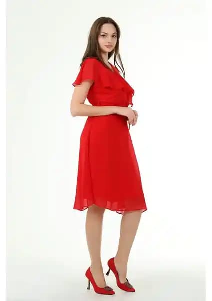 Neşeli Butik Kadın Kruvaze Yaka Bağlama Detaylı Şifon Elbise NB8081 Siyah Midi Model